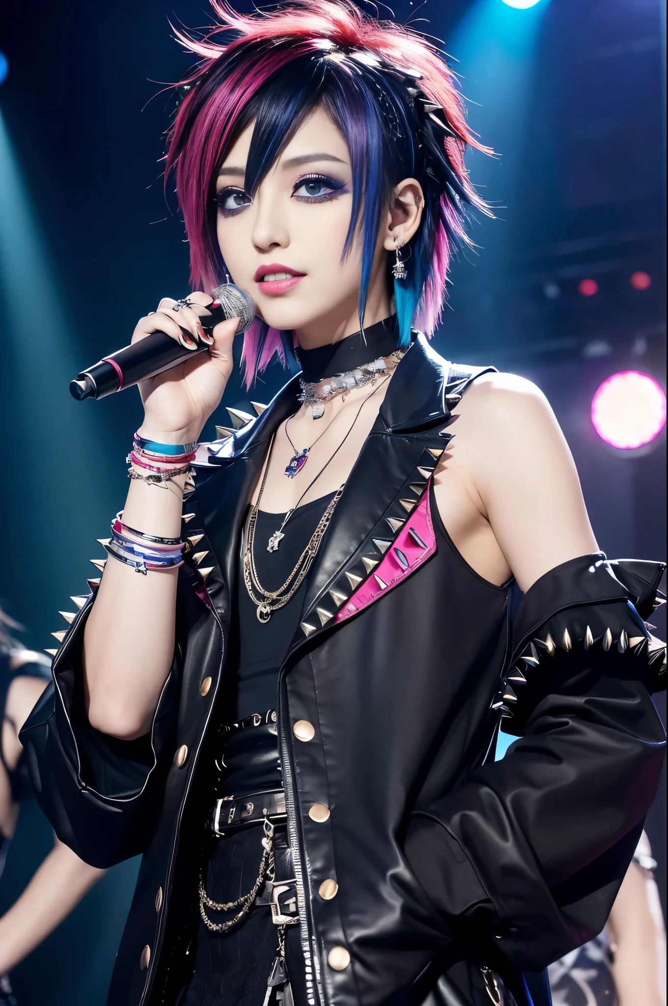 (masterpiece:1.4), (best quality:1.4), ultra high res, ultra high resolution, ((ultra detailed facial features)), HDR, (realistic, photorealistic, photo-realistic:1.37), (1 man), full body Esbian, ((sexy Japanese male)), (-anime), vivid colors, ((vivid colors multicolor (Visual Kei style spikes very short hair))), (happy smile), ultra detailed punk makeup, bold lipstick, long lashes, defined eyebrows, wearing large Visual Kei jewelery, wearing a Visual Kei cosplay, ((vivid Visual Kei outfit)), (layered clothing), choker, rings, bracelets, piercings, look at the camera, cinematic light, rockstar festival stage background with multicolor lights, sweet and sexy pose