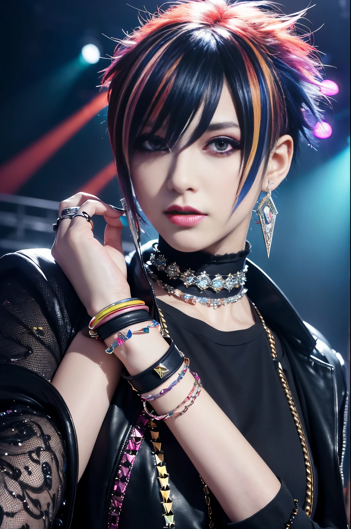 (masterpiece:1.4), (best quality:1.4), ultra high res, ultra high resolution, ((ultra detailed facial features)), HDR, (realistic, photorealistic, photo-realistic:1.37), (1 man), full body Esbian, ((sexy Japanese male)), (-anime), vivid colors, ((vivid colors multicolor (Visual Kei style spikes very short hair))), (happy smile), ultra detailed punk makeup, bold lipstick, long lashes, defined eyebrows, wearing large Visual Kei jewelery, wearing a Visual Kei cosplay, ((vivid Visual Kei outfit)), (layered clothing), choker, rings, bracelets, piercings, look at the camera, cinematic light, rockstar festival stage background with multicolor lights, sweet and sexy pose