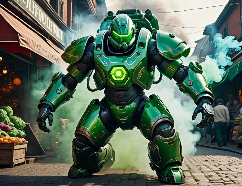 A man in heavy battle armor, robotic exosuit, fighting a monstrous virus entity, traditional market setting, green toxic smoke, detailed, (best quality,4k,8k,highres,masterpiece:1.2),ultra-detailed,(realistic,photorealistic,photo-realistic:1.37),cinematic lighting,dramatic composition,intricate details,vibrant colors