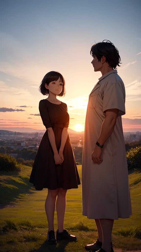 A couple is standing on a hill. The couple is wearing short clothes. The girl has big hips. The sunset is happening.