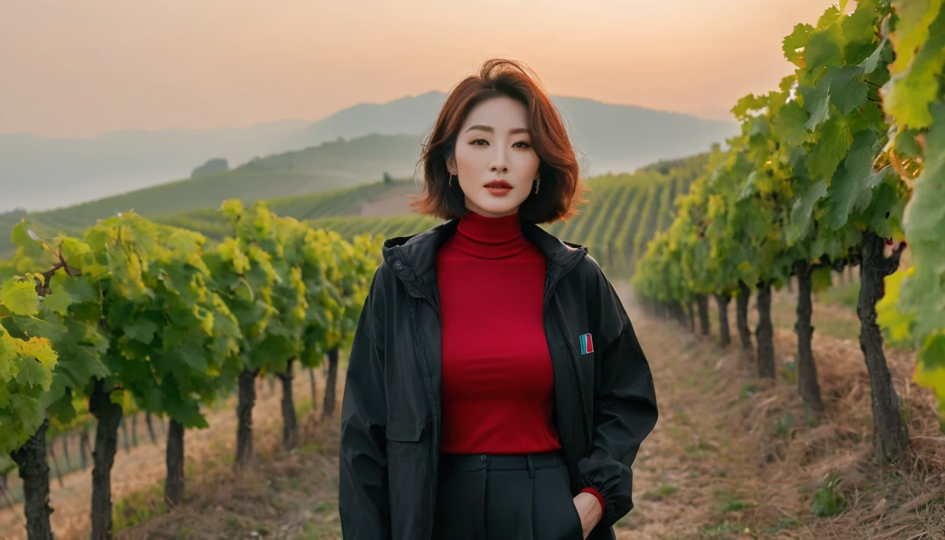 beautiful scenery, 8K highest quality, Vivid picture quality, 1 woman, Beautiful Korean woman in her 50s, some wrinkles on the face, Chest size 34 inches, model-level beauty, italian countryside dawn, vineyard, red sunshine, The background is realistic.. and vivid quality.., short medium bob hair, Long sleeve t-shirt that goes up to the neck, High-end luxury brand black windbreaker jacket, except red, Perfect and realistic photos, The background is realistic... Full body shot with Canon camera 16-35 wide angle lens, expressionless, Walking up a hill covered in thick fog, Walking towards the front camera