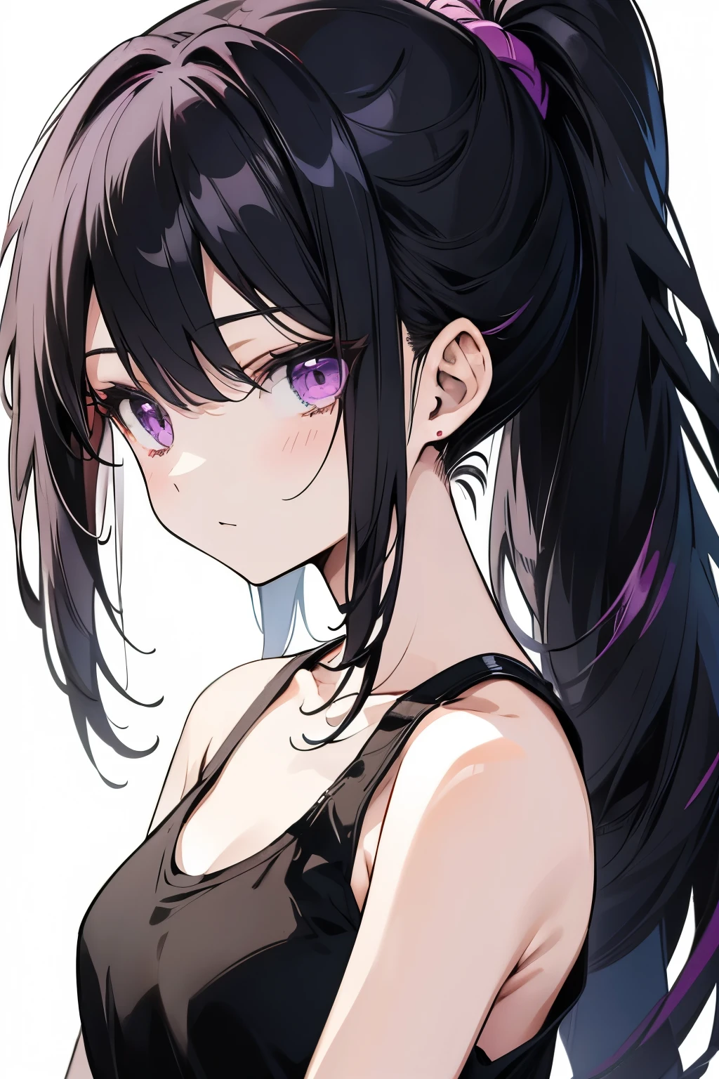 anime style portrait a young girl with a confident expression, long dark hair in a ponytail, purple eyes, olive skin, black tank top
