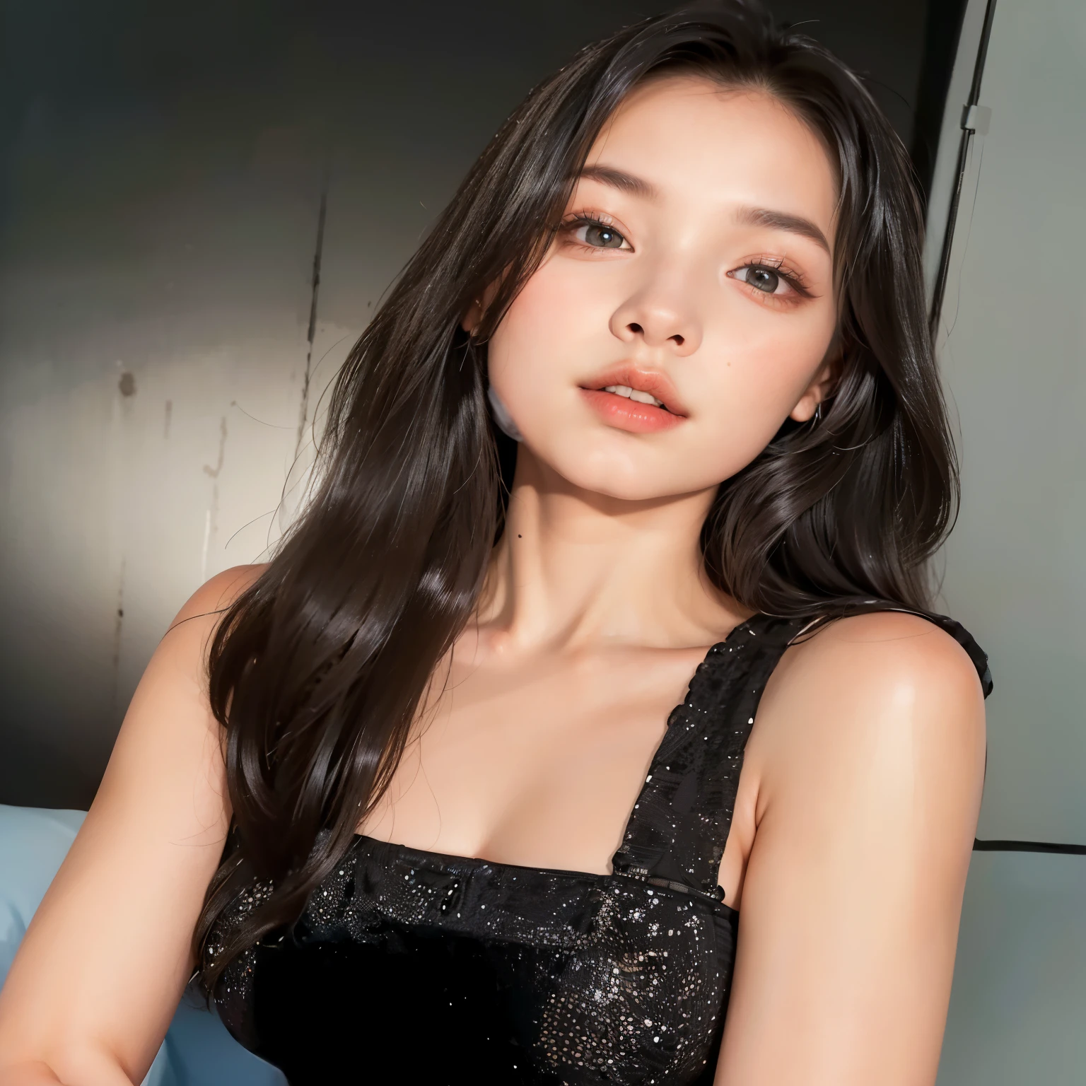 Young woman wearing black and white dress and black and white belt poses for a photo, black hair, copy, aesthetics, reallyistic, really, obvious, detailed, (masterpiece:1.3),(best quality:1.4), hello nothing, HDR,8K resolution,