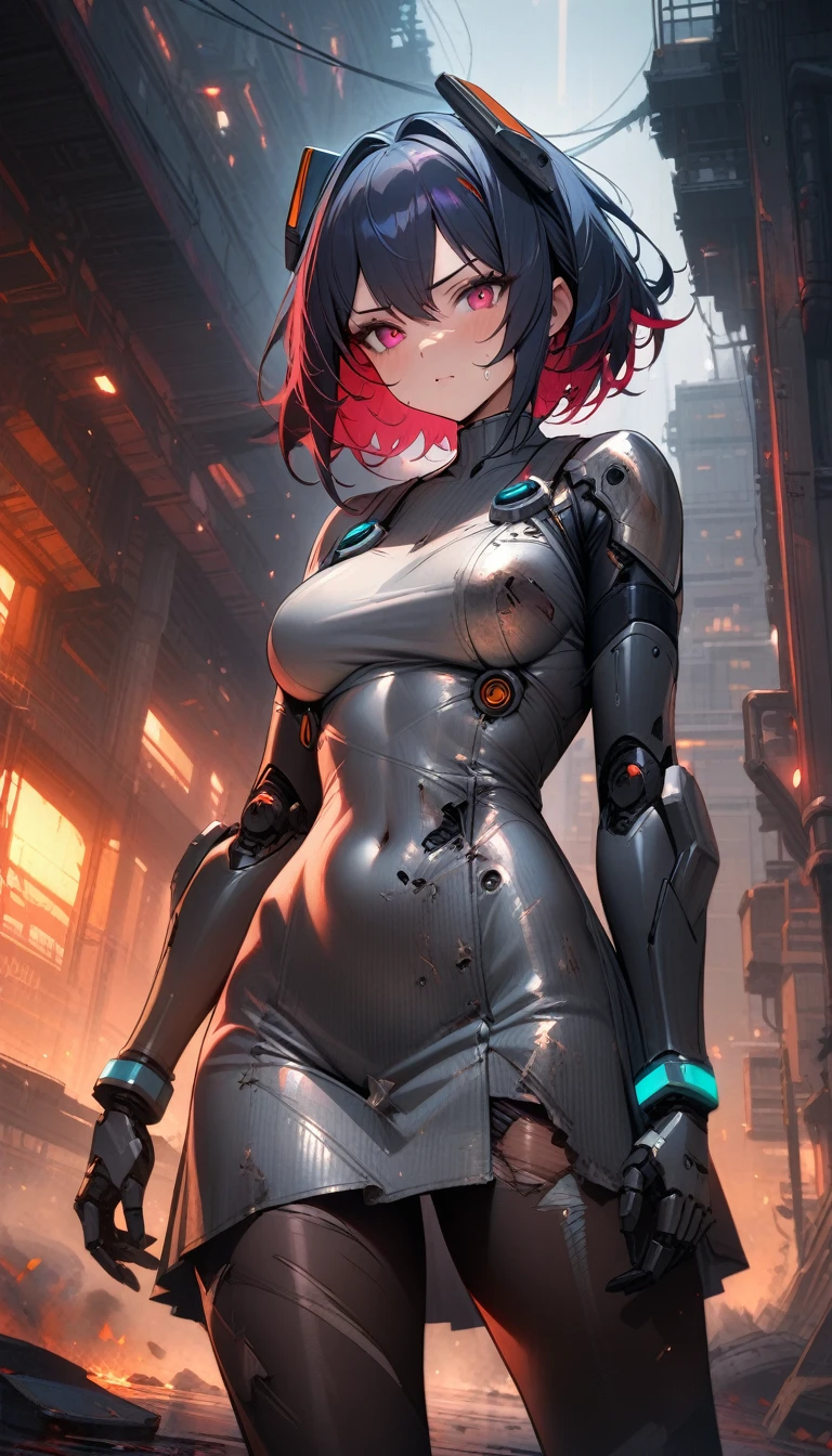 ((best quality)) , ((masterpiece)) , (detailed),Color splash, Ghostly Astronaut (Li Gong:1.3) , wearing Shabby Chic Wrap dress, has metallic plating, Colored hair, Fossil fuel power station in background,mecha clothes, (((robot girl))), sliver bodysuit,((sliver)) and (broken) body