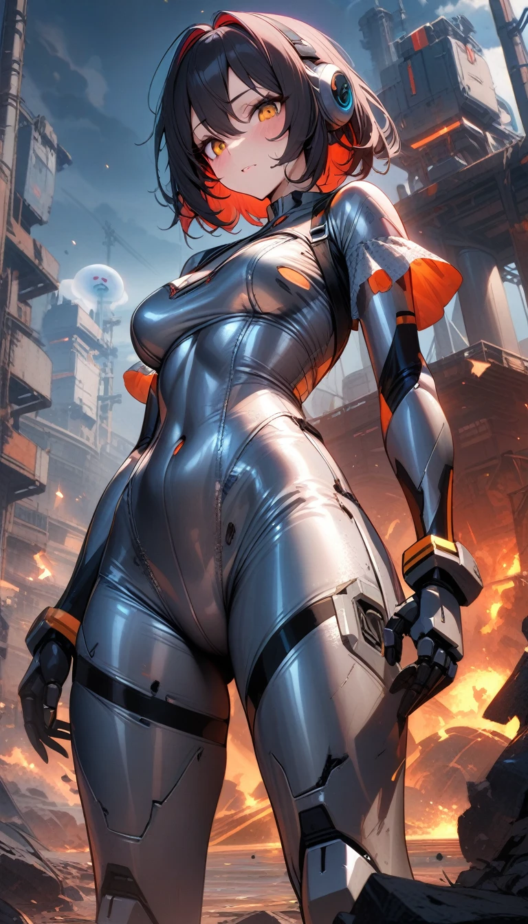 ((best quality)) , ((masterpiece)) , (detailed),Color splash, Ghostly Astronaut (Li Gong:1.3) , wearing Shabby Chic Wrap dress, has metallic plating, Colored hair, Fossil fuel power station in background,mecha clothes, (((robot girl))), sliver bodysuit,((sliver)) and (broken) body