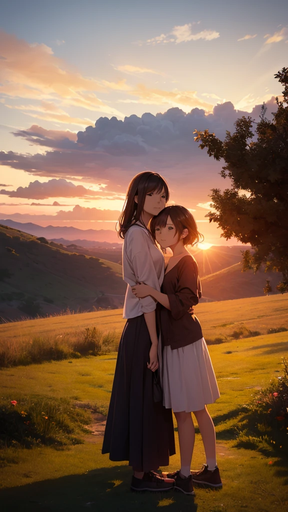 A couple is standing on a hill. The couple is wearing short clothes. The girl has big hips. The sunset is happening.