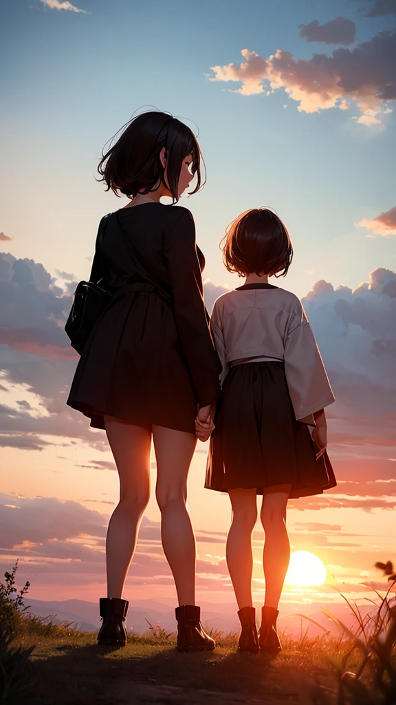 A couple is standing on a hill. The couple is wearing short clothes. The girl has big hips. The sunset is happening.
