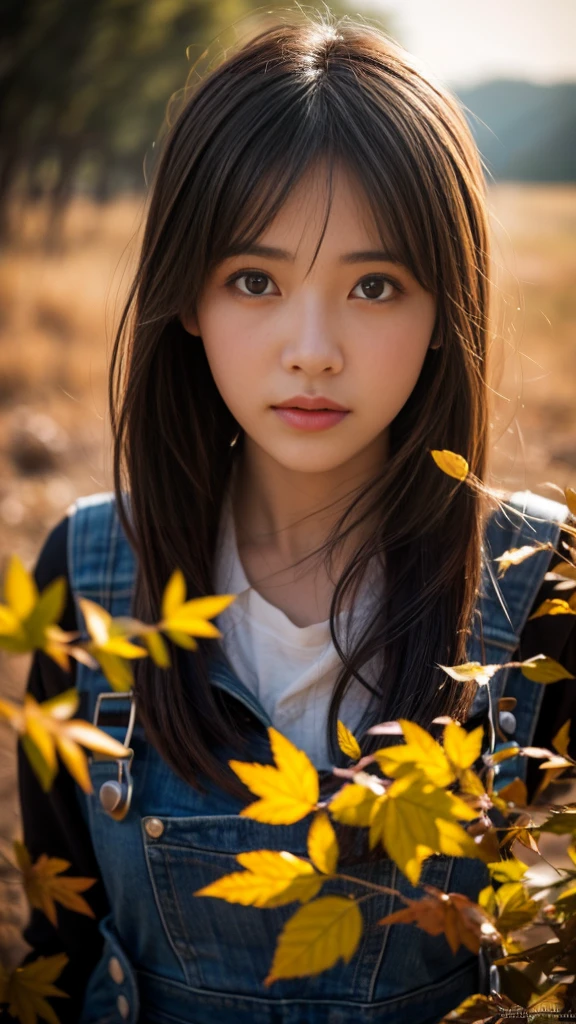 young woman, lost in the valley of death, burning leaves, black sun, soft focus, close-up, realistic photo, vivid colors, OverallDetailXL,