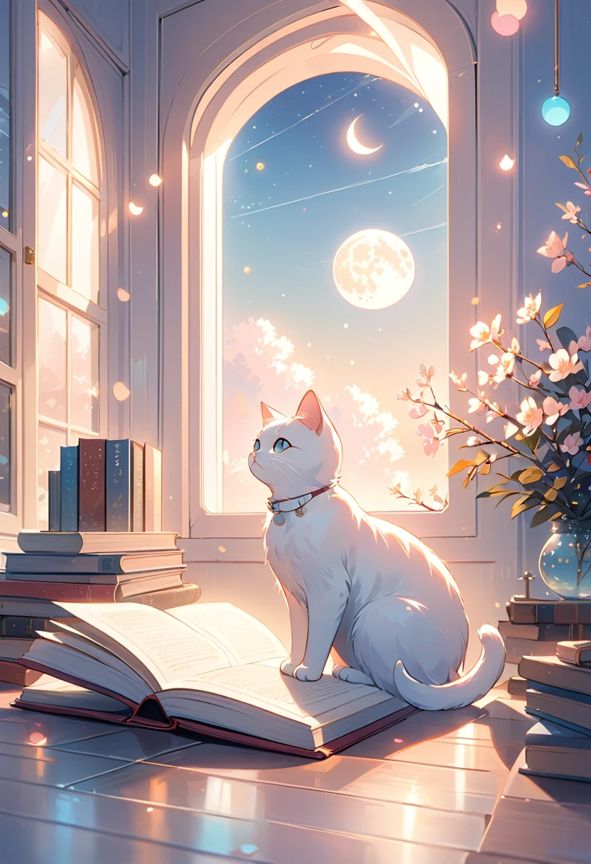 (highest quality:1.2), Beautiful lo-fi minimalist vibe, Cat, Book, window, moon, light bokeh, In soft colors, Sparkling, dynamic side angle, Natural soft lighting, 8K resolution, figure, pastel four colors