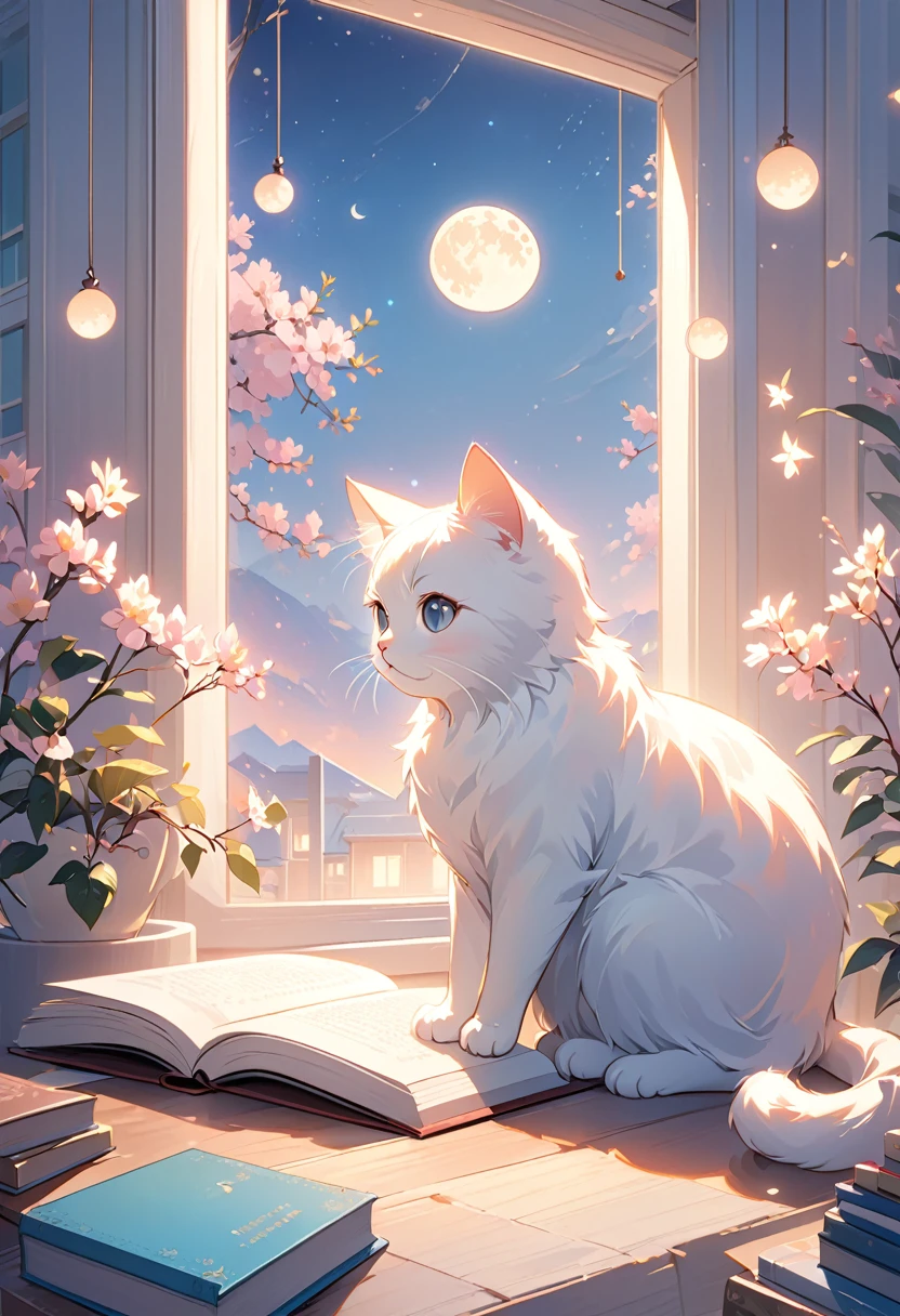 (highest quality:1.2), Beautiful lo-fi minimalist vibe, Cat, Book, window, moon, light bokeh, In soft colors, Sparkling, dynamic side angle, Natural soft lighting, 8K resolution, figure, pastel four colors