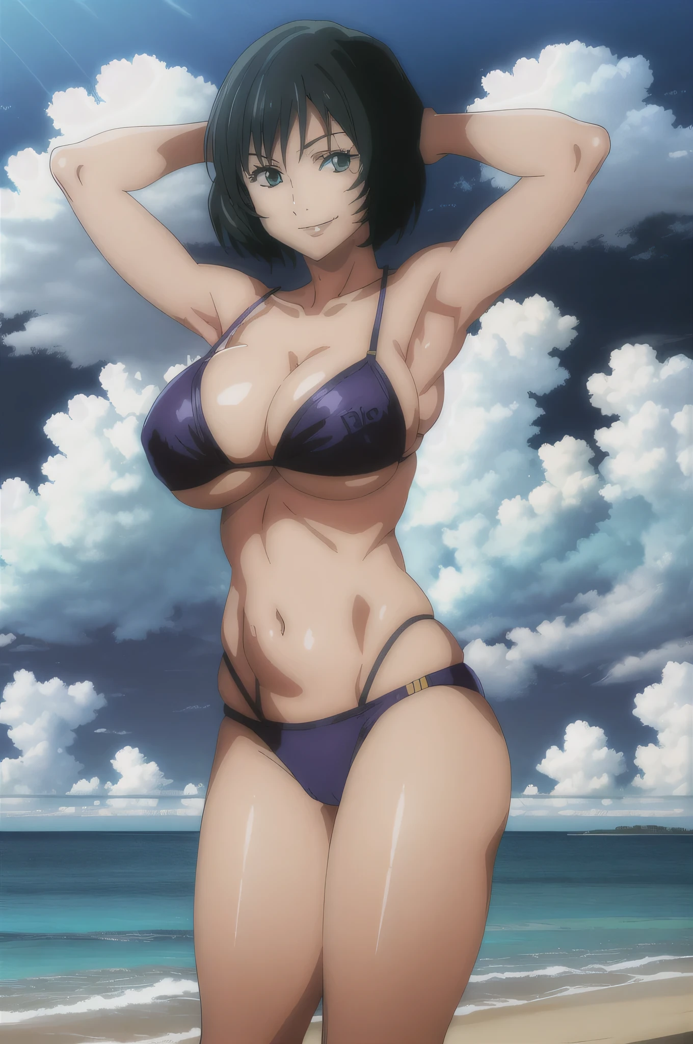 masterpiece, best quality, high quality,
mai, 1girl, solo, breasts, looking_at_viewer, smile, large_breasts, cleavage, bare_shoulders, collarbone, standing, hands behind head, thick thighs, thong underwear, breasts, large breasts, big breasts, huge breasts, big tits, giant breasts, small bikini, bikini, blue bikini, bare shoulders, bare arms, beach, ocean, underboob, island background, high resolution, beautiful eyes, high quality, close shot
