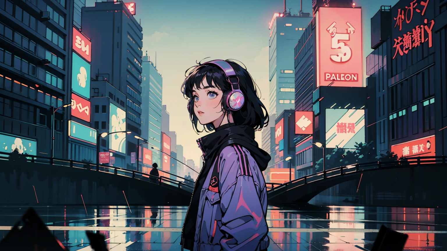 A rainy night in a neon-lit cyberpunk city, a 21-year-old woman in a vintage leather jacket stands at a crosswalk, her noise-canceling headphones tuned into a world of her own. She gazes at a holographic ad, her expression a mix of wonder and melancholy. Around her, sleek vehicles glide past, neon signs flicker, and skyscrapers pierce the purple-blue sky. Despite the bustling city, she stands alone, caught between the past and the future.