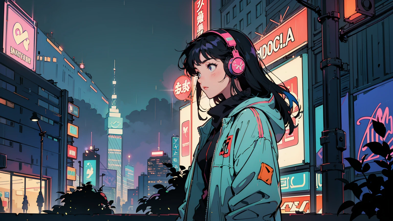 A rainy night in a neon-lit cyberpunk city, a 21-year-old woman in a vintage leather jacket stands at a crosswalk, her noise-canceling headphones tuned into a world of her own. She gazes at a holographic ad, her expression a mix of wonder and melancholy. Around her, sleek vehicles glide past, neon signs flicker, and skyscrapers pierce the purple-blue sky. Despite the bustling city, she stands alone, caught between the past and the future.