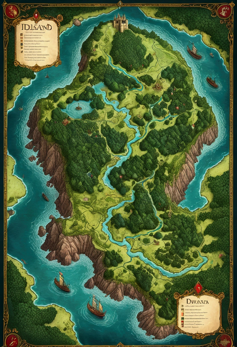 a detailed high quality fantasy map of a lush forested island in the style of medieval style, medieval cartography style, cinematic lighting, vibrant colors, intricate linework, ornate borders, parchment texture, dnd campaign map, large scale, map of the region, (island map)