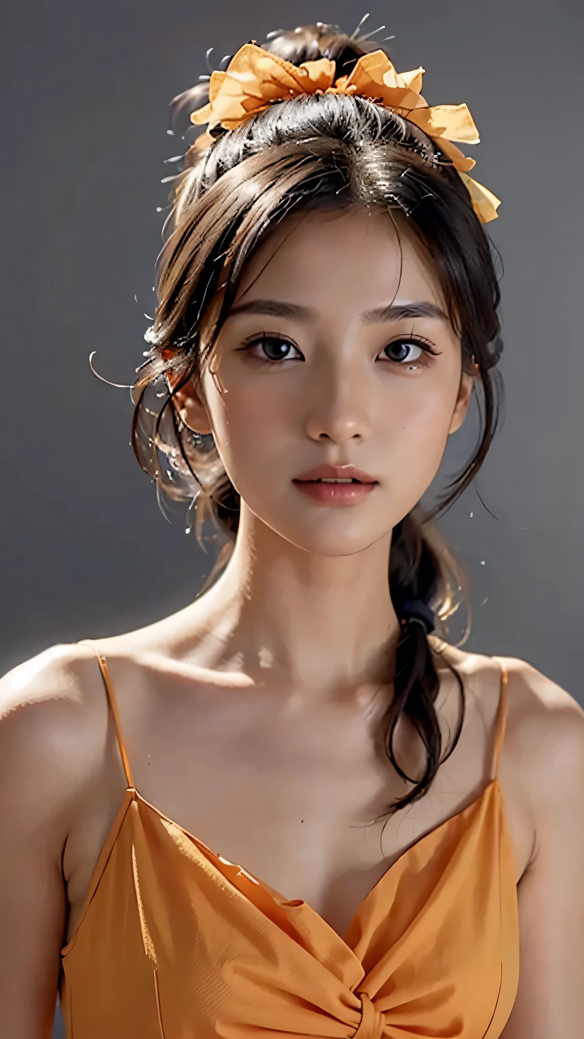 Close up face,Orange  Sleeveless Dress Style,Frilly dress,ruffled edges, layered,Accessories: Flower hairpiece, ribbon, fitted body,Commercials for luxury cosmetics style,Commercial filming studio,The background is all gray,Body in front,fully body photo,masutepiece, The highest image quality, High quality, the background is clear,Beautiful woman, Japanese, Detailed, Ultra-detailed, finely detail, hight resolution, 8K Wallpaper, Perfect dynamic composition, Beautiful detailed eyes ,Detailed eyes, Detailed skin, Beautiful skin, 超hight resolution, (reality: 1.4),Very beautiful woman, Slightly younger face, Beautiful skin, slender, (Ultra photo realsisim), (hight resolution), (8K), (Very detailed) (beautifully detailed eyes), (super detailed),   (Detailed face), view the viewer, Fine details, Detailed face, Staring straight ahead, Staring straight ahead, photos realistic, Bright lighting, Professional Lighting, Black hair,poneyTail,a baby face,sixteen years old,Hairstyle: ponytail,Long ponytail hairstyle,slight smile,