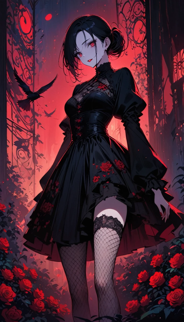 恐怖惊悚movie poster, masterpiece, Best quality, 一个穿着Gothic式舞会礼服的女精灵,lace, embroidery , pale skin, Fishnet stockings, (Bauhaus, form, wire, Abstract:1.1) Gothic, vintage horror, movie poster, 1940s, (masterpiece, Best quality) 8k wallpaper, very detailed,