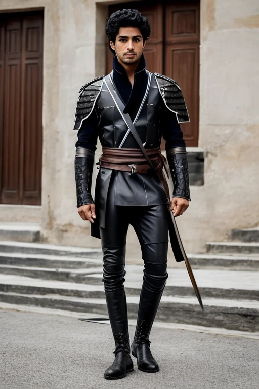 Rai, the Swordsman of Iucali, He is a young man with a striking presence. He has a medium height and an agile, well-defined body., result of his intensive training in fencing. His hair is black and disheveled, giving it a carefree and rebellious air. Os olhos castanhos de Rai brilham com uma mistura de confiança e audácia, always pay attention to your surroundings. He wears practical, slightly worn clothes, consisting of leather pants and boots inherited from his Portuguese master, combined with white tsiski that cover their torso.