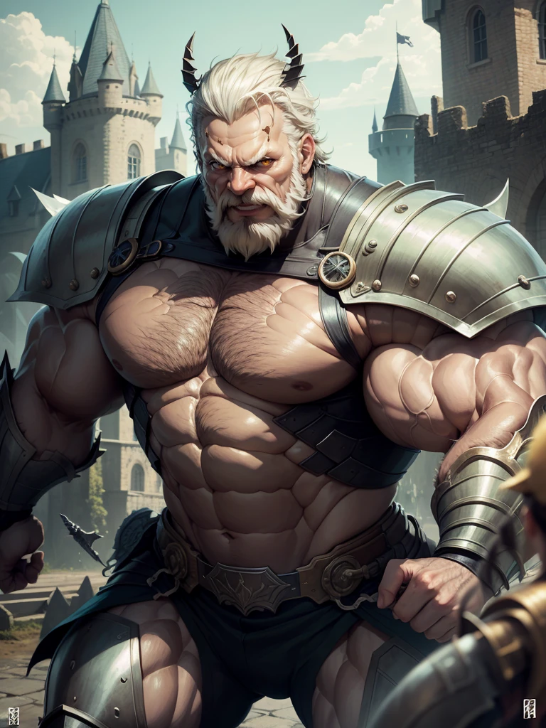 old man knight, armored, castle background, muscular, wearing armor, angry face, sharp eyes, gaze