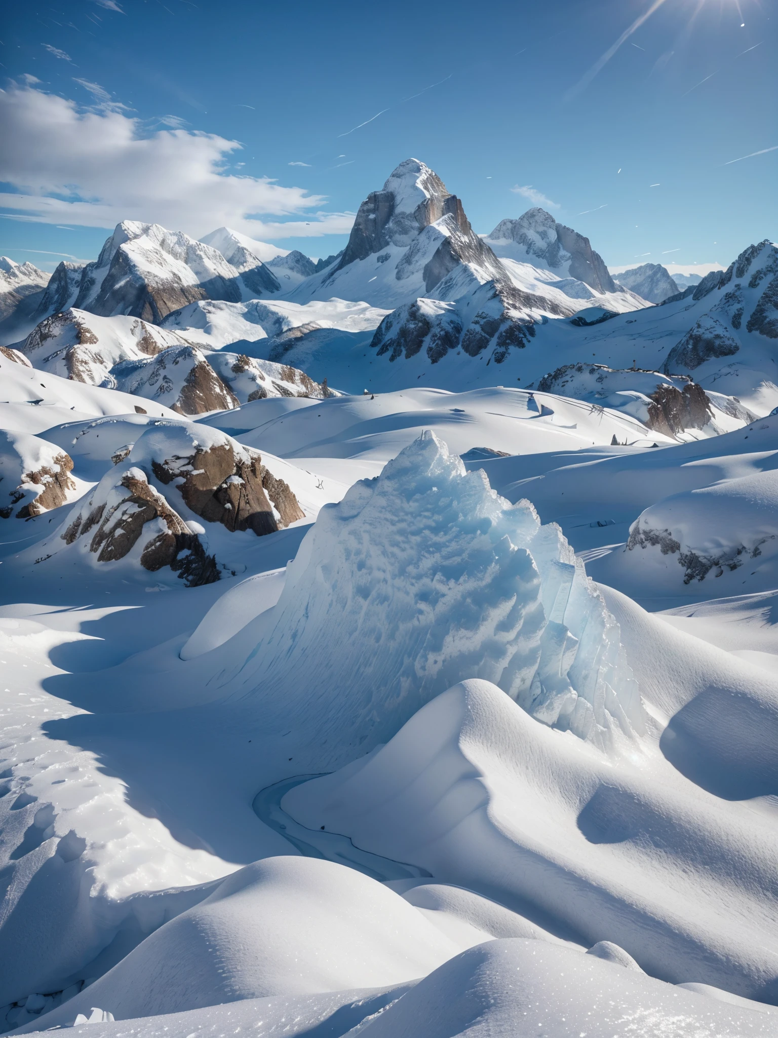 8k, RAW photo, best quality, ultra high resolution, (photorealistic), realistic photo, panoramic view of snowy mountains, snow, ice peaks, bright light, (extremely detailed CG unity 8k wallpaper), Sharp focus, (bright light)