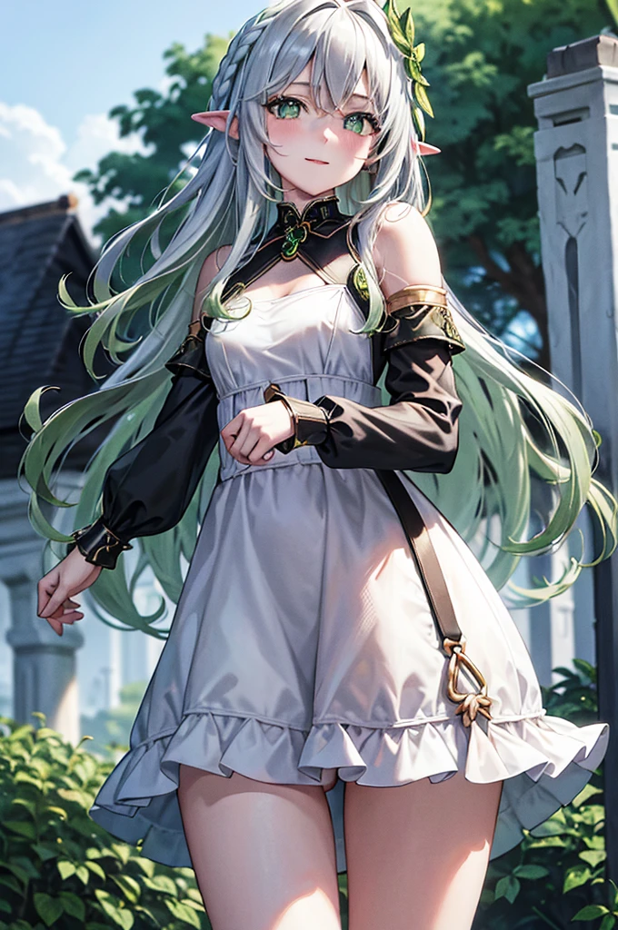 The elf stands and looks at the camera, A girl stands at a fair, green eyes and white hair, The wind lifts the skirt, You can see the underpants, blue skies, Beautiful clear blue sky, green hairpins in the hair, skinny waist, Slender figure, Appearance of the model, confusion, sexuality, nahida, pixie, elf ears, Beautiful ears, green colored eyes, People's casual clothes, black clothing, pantyhouse, black tights, little chest, You can see the, Upskirt, black clothing, White underpants, Elf Girl, Sweet girl, attractive anime girl, beautiful anime girl, Cute beautiful anime woman, detailed digital anime art, beautiful anime girl, beautiful anime girl, Anime with small details, Best Quality, Masterpiece, Ultra-detailed, Beautiful, hight resolution, Original,CG 8K ультрареалистичный, perfect artwork, beatiful face, Face Clean, Skin, hyper realistic, Ultra Detailed, A detailed eye, dramatic lighting, (Realistic) Realistic, Full HD, Best Quality, Best Quality, Beautiful lighting, (8k wallpaper of extremely detailed CG unit), High Details, sharp-focus, The art of dramatic and photorealistic painting, beautiful smile,