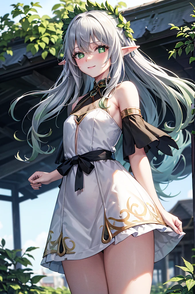 The elf stands and looks at the camera, A girl stands at a fair, green eyes and white hair, The wind lifts the skirt, You can see the underpants, blue skies, Beautiful clear blue sky, green hairpins in the hair, skinny waist, Slender figure, Appearance of the model, confusion, sexuality, nahida, pixie, elf ears, Beautiful ears, green colored eyes, People's casual clothes, black clothing, pantyhouse, black tights, little chest, You can see the, Upskirt, black clothing, White underpants, Elf Girl, Sweet girl, attractive anime girl, beautiful anime girl, Cute beautiful anime woman, detailed digital anime art, beautiful anime girl, beautiful anime girl, Anime with small details, Best Quality, Masterpiece, Ultra-detailed, Beautiful, hight resolution, Original,CG 8K ультрареалистичный, perfect artwork, beatiful face, Face Clean, Skin, hyper realistic, Ultra Detailed, A detailed eye, dramatic  lighting, (Realistic) Realistic, Full HD, Best Quality, Best Quality, Beautiful lighting, (8k wallpaper of extremely detailed CG unit), High Details, sharp-focus, The art of dramatic and photorealistic painting, beautiful smile,