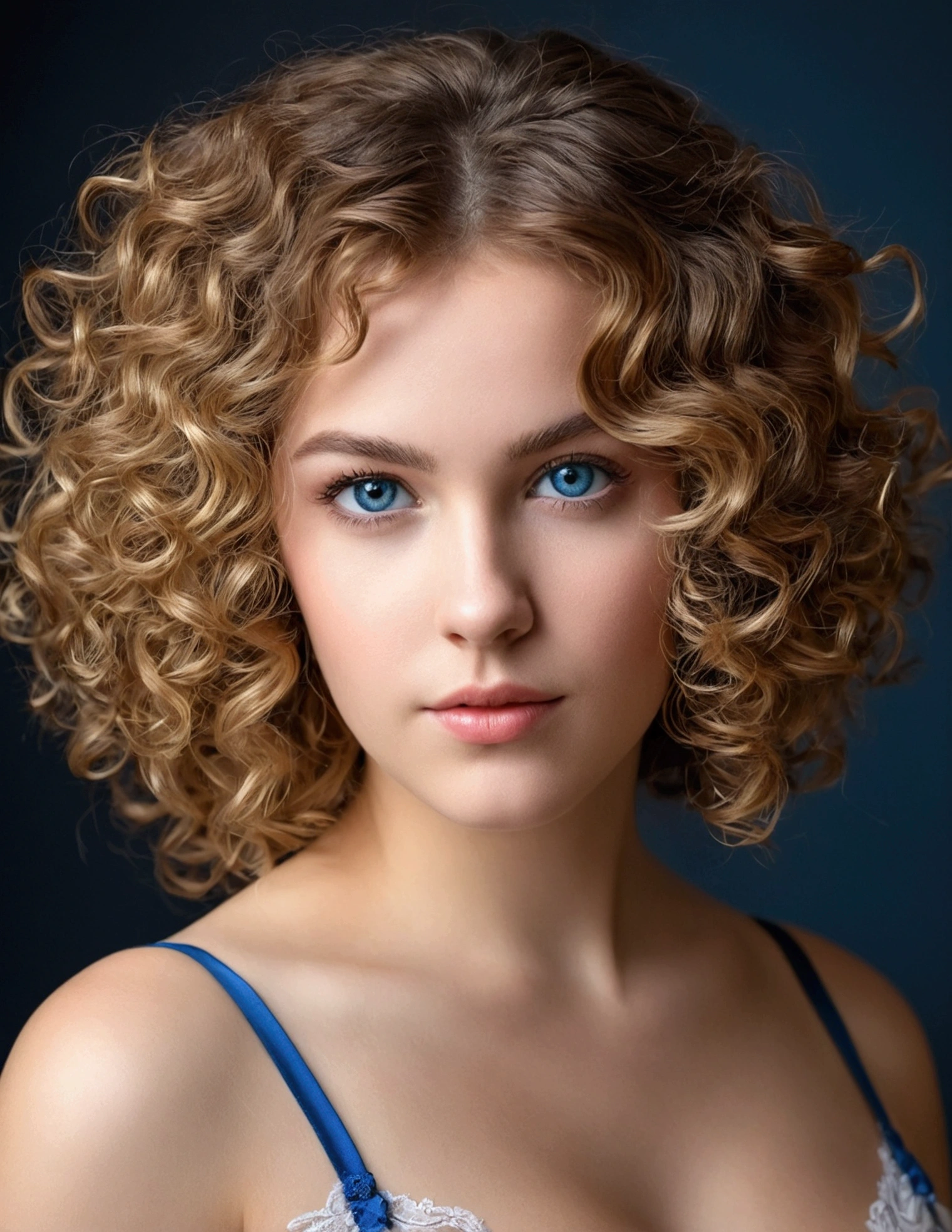 "Portrait complet du corps d'une charmante fille aux cheveux bouclés, chiffre, Beau visage, yeux bleus captivants, et grande taille de buste, mettant en valeur sa beauté naturelle."