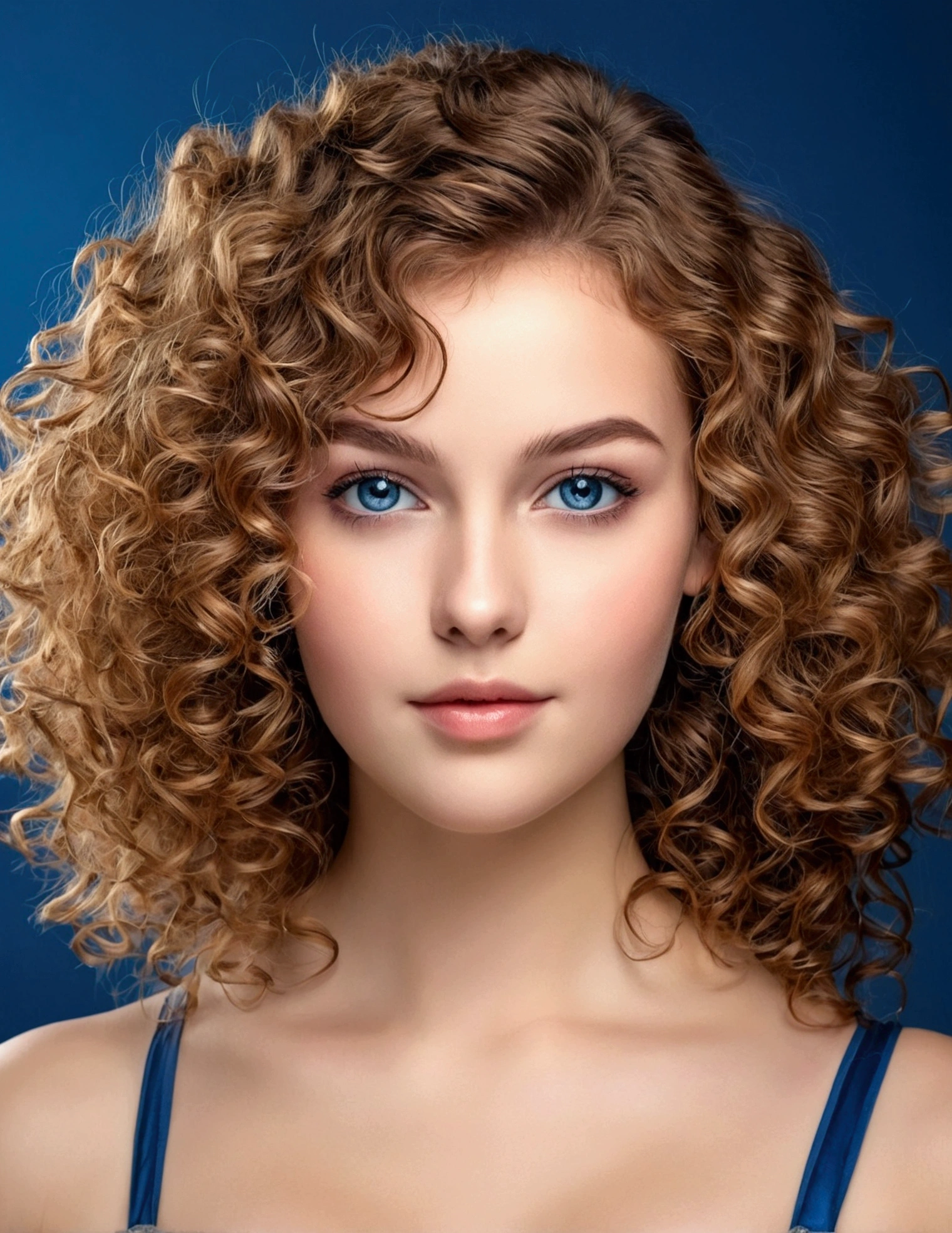 "Portrait complet du corps d'une charmante fille aux cheveux bouclés, chiffre, Beau visage, yeux bleus captivants, et grande taille de buste, mettant en valeur sa beauté naturelle."