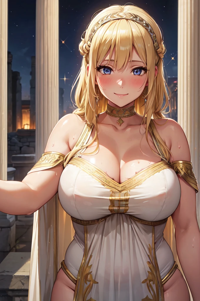 (High quality, High resolution, Fine details), Ancient Roman Temple, Woman in simple toga, solo, curvy adult women, blonde hair, sparkling eyes, (Detailed eyes:1.2), smile, blush, Sweat, Oily skin, Soft tones, shallow depth of field