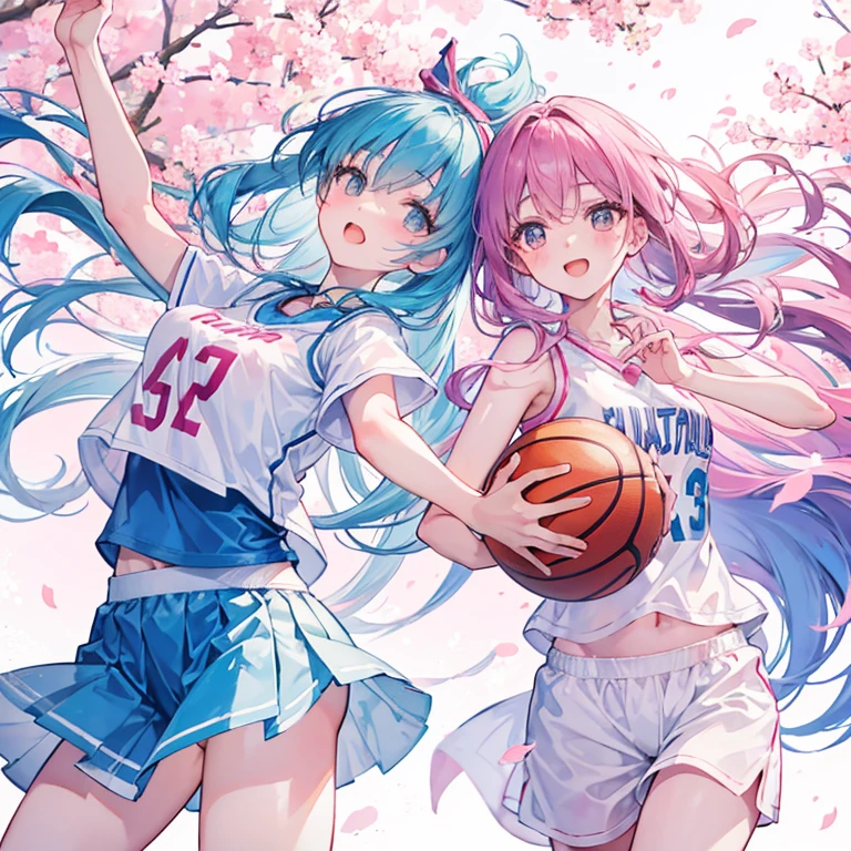 "Create a cute, pastel watercolor illustration of the Japanese women's basketball team in action. Show 2-3 players in playful poses, dribbling and shooting with joyful expressions. Use soft pastel colors for their uniforms, featuring subtle cherry blossom motifs.
Key elements:
Dynamic, flowing hair and loose uniforms capturing movement
Basketballs with a gentle motion blur
A whimsical basketball court with pastel lines and soft lighting
Add:
Sparkles around the players and basketballs for a magical touch
Cute details like tiny cherry blossom petals floating in the air
A dreamy, soft-focus background with hints of cheering fans
Aim for a lighthearted, fun atmosphere that highlights the joy of playing basketball!"