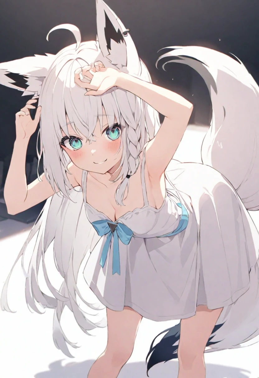 (muste piece), (best quality), (score_9, score_8_up, score_7_up), very detailed eyes, expressive eyes, perfect face, very detailed face, highly detailed face, beautiful girl, 8K, beautiful girl, white background, delicate and beautiful face and eyes, dark intense shadow,
1 girl, vtuber style, cool girl, hololive, Shirakami Fubuki, white hair, single side braid, ahoge, piercing, fox tail, fox ears, white sundress, sleeveless dress, suspender dress, dress bow, bent over, armpit, one hand on head, medium chest, cleavage, cropped shoulders, clavicle, charm smile, blush, (full body), naked thighs, sandals, standing,