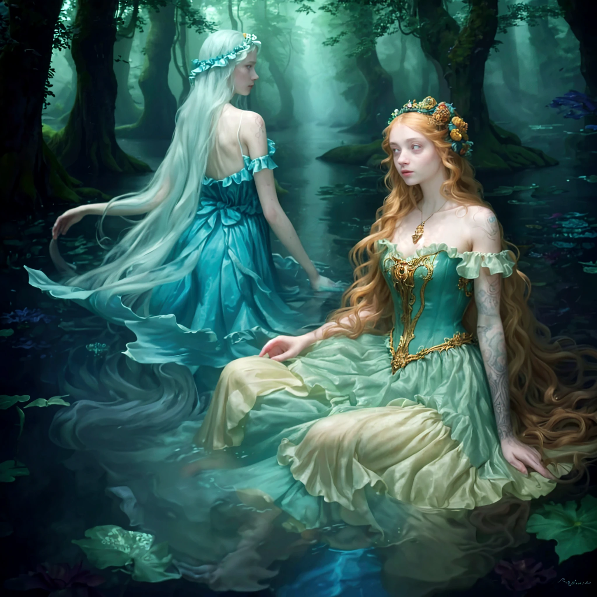 Masterpiece, Best Quality, (Very Detailed CG Unified 8k Wallpaper), (Best Quality), (Best Illustration), (Best Shadow), Realistic Lighting, Full Body Shot, Mermaid Portrait, Finned Ears, (((1 male))), 1 Female, Intricate, Elegant, Very detailed, Handsome, Very Detailed, Claws, In the Forest, Blood, Rags, Beautiful Face, Dreamy, Medieval, Beautiful Meticulous Light