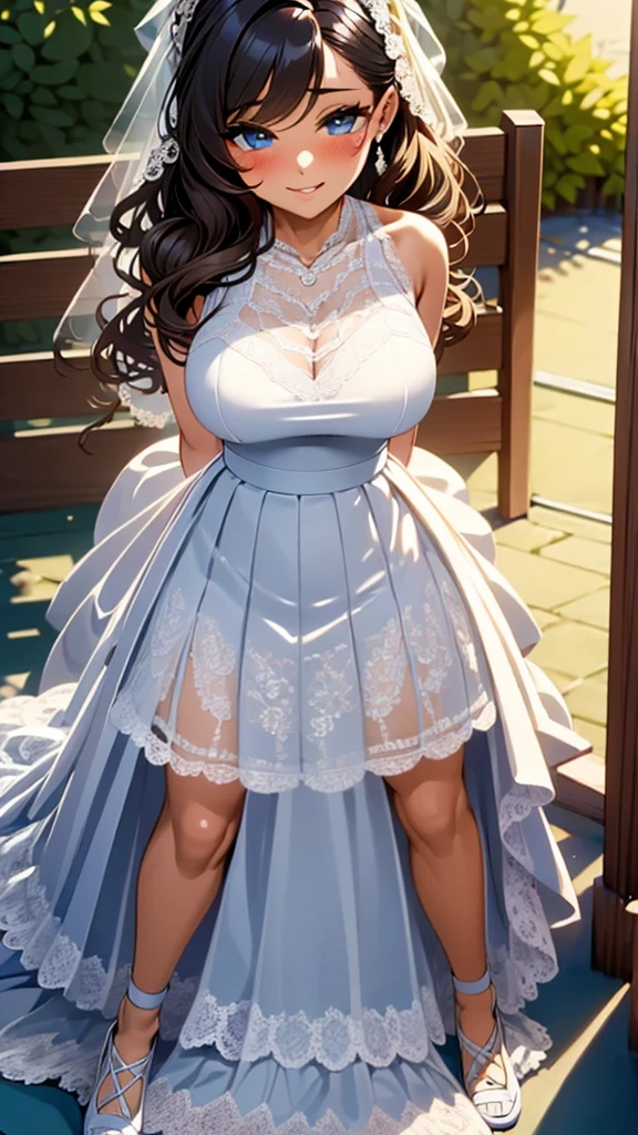 (best quality, high definition, masterpiece:1.2,), Illustration, night, 1girl, full body, (wedding dress), arm behind back, waiting for kiss, looking at viewer, happy, blush,