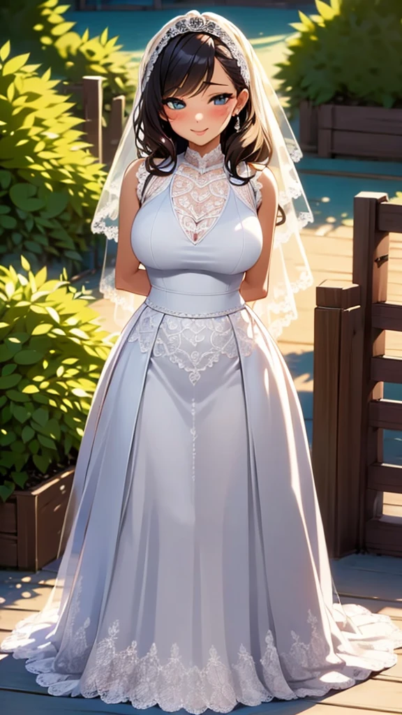 (best quality, high definition, masterpiece:1.2,), Illustration, night, 1girl, full body, (wedding dress), arm behind back, waiting for kiss, looking at viewer, happy, blush,