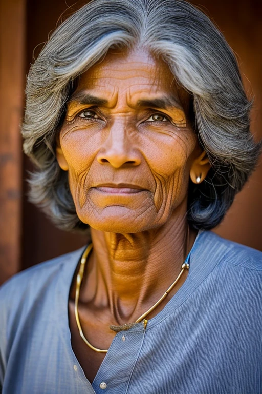 Sarique, at 55 years old, is a woman of medium height and athletic build. His long gray hair frames a face marked by wisdom and determination., and his golden eyes shine with an intensity that reflects his passion for the history and traditions of Caramuru. She has an imposing and at the same time welcoming posture., wearing simple clothes that highlight your humility and dedication to your community.