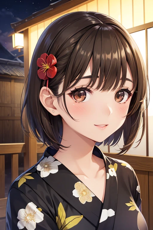 anegasaki nene、Shiny brown hair, short hair, (Beautiful brown eyes、Sparkling eyes, Fine grain)、smile、Ultra-detailed eyes、Highly detailed face, Highly detailed eyes,

Highest quality, High resolution,

22 year old mature woman、((Black floral yukata：1.5))、Sparkling eyes, (Beautiful Eyes)、(Shiny brown hair, short hair, Brown eyes)、
thin、Small face、Brown eyes、expensive、hot spring、hostel、yukata、、、night