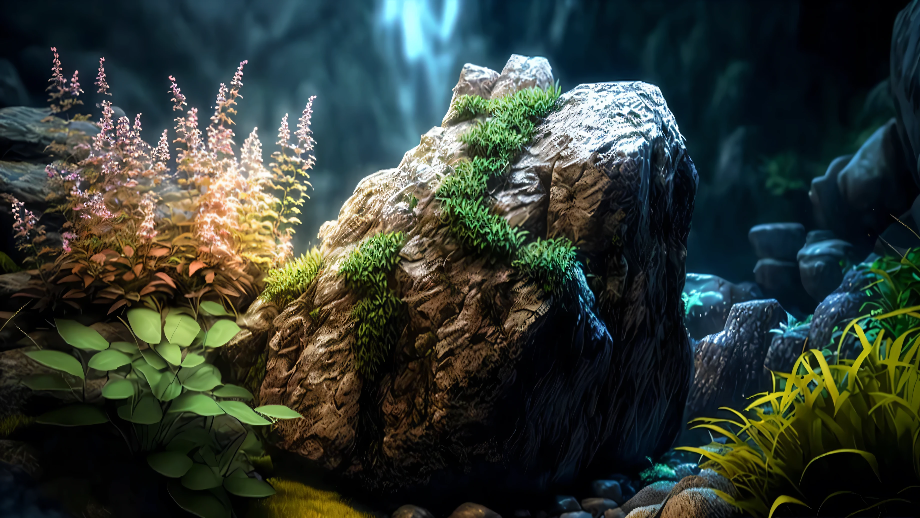 There is a moss-covered rock in the cave, Close-up of aquatic scene, 4k hd wallpapers very detailed, Rocky environment, 8k high quality detailed art, Unreal Engine 4K Wallpaper, Environment Artist, 4k highly detailed digital art, Cave Background, Underwater environment, Background. Eight thousand, Extremely detailed game art, Background artwork, stylized vegetation