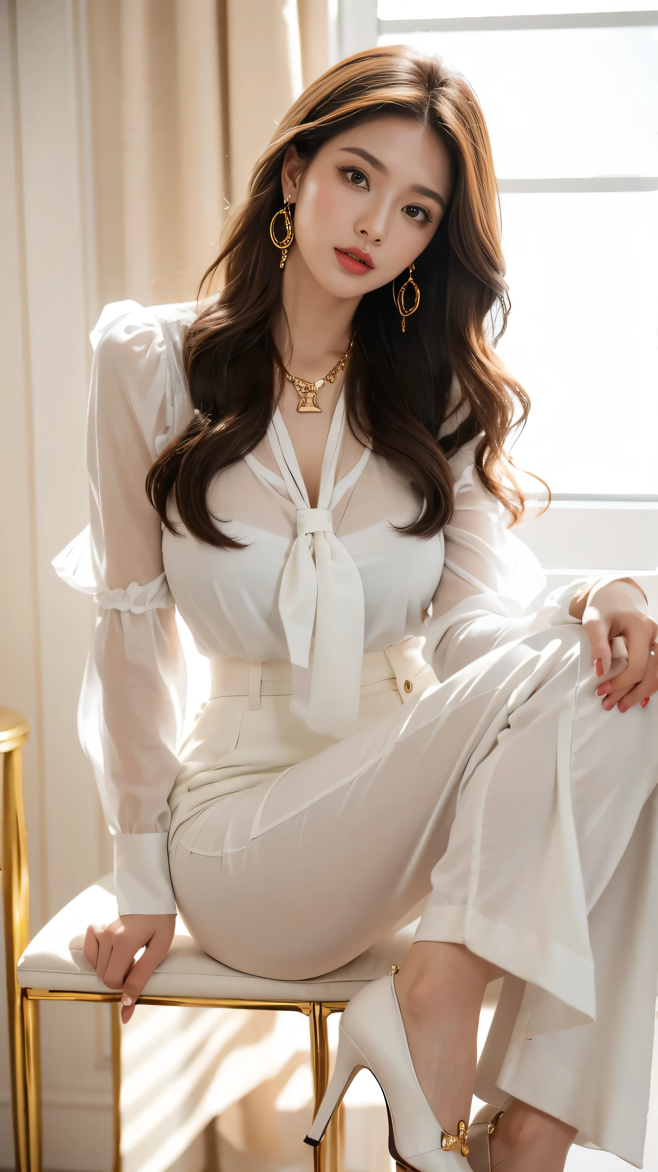 Highest quality,masterpiece,Ultra-high resolution,(Actual:1.4),Original photo,Ultra-high resolution,8k,There are women,Fair skin,Exquisite makeup,High heels,Long legs,Bright and beautiful woman、gold necklace_Large earrings、Super long brown hair,Hair with loose waves inside,reaching down to the waist,wearing frilled white shirt_long see-through sleeves with big ribbon tie ,white pants,red heels