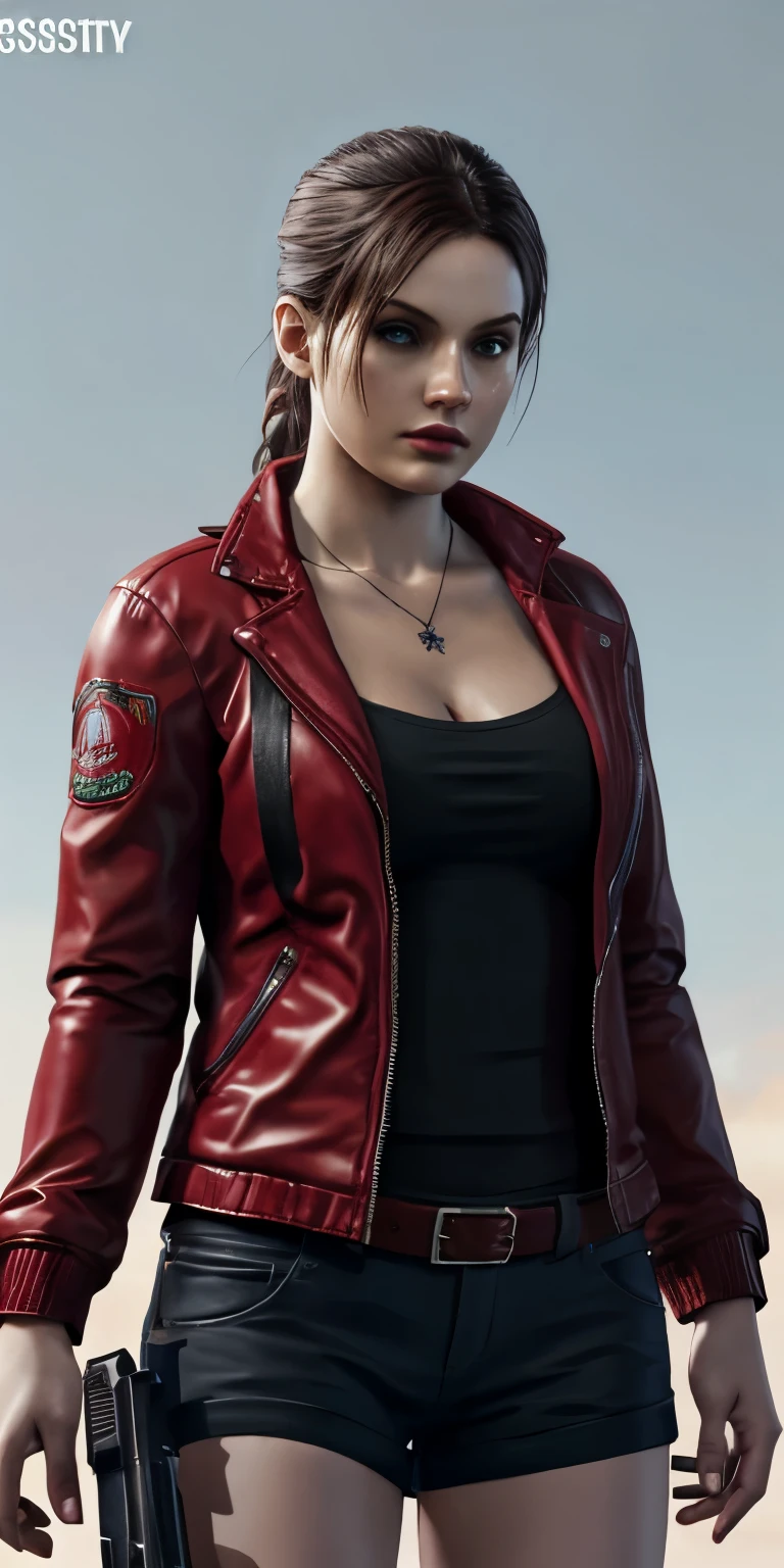 there is a woman in a red jacket holding a gun, Inspired by Resident Evil, realistic art style, photorealistic artstyle, deviantart art station cgscosiety, The glamorous Jill Valentine, 🌺 society, photorealistic dark concept art, arte conceptual photorealistic, society - w 1 0 2 4 - n 8 - i, photorealistic!!!!!!! Art Style