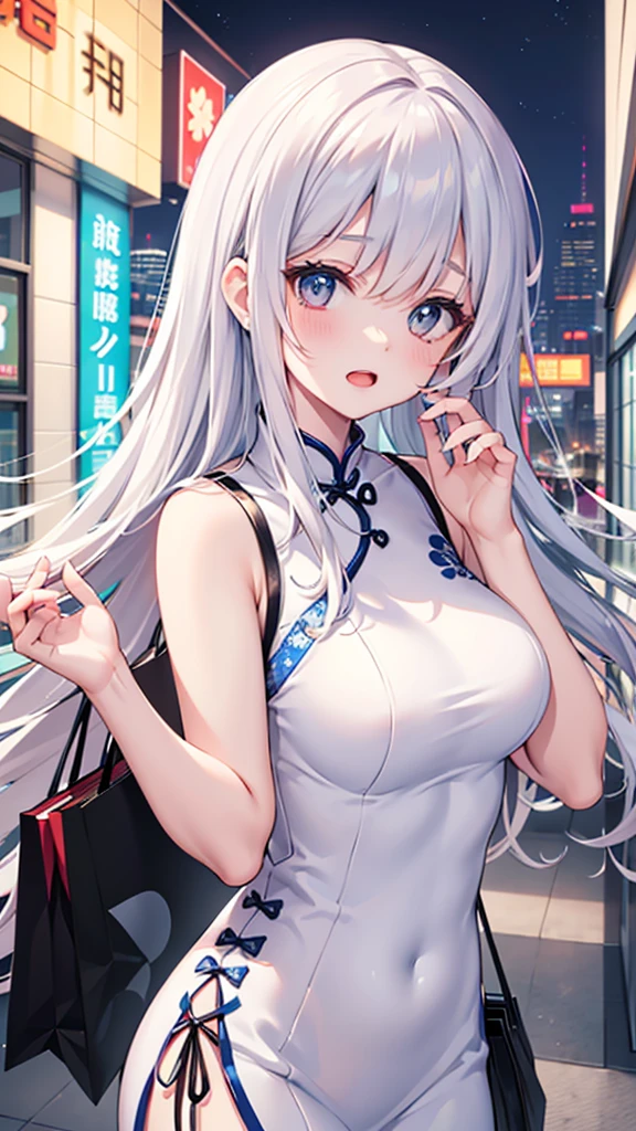 permanent,Cybermetropolis,Top lens,close up,Detailed portrait of anime girl,Observation deck,Rooftop,Blue and white cheongsam,shopping mall,open mouth,shopping centre,night,Night,night city,city