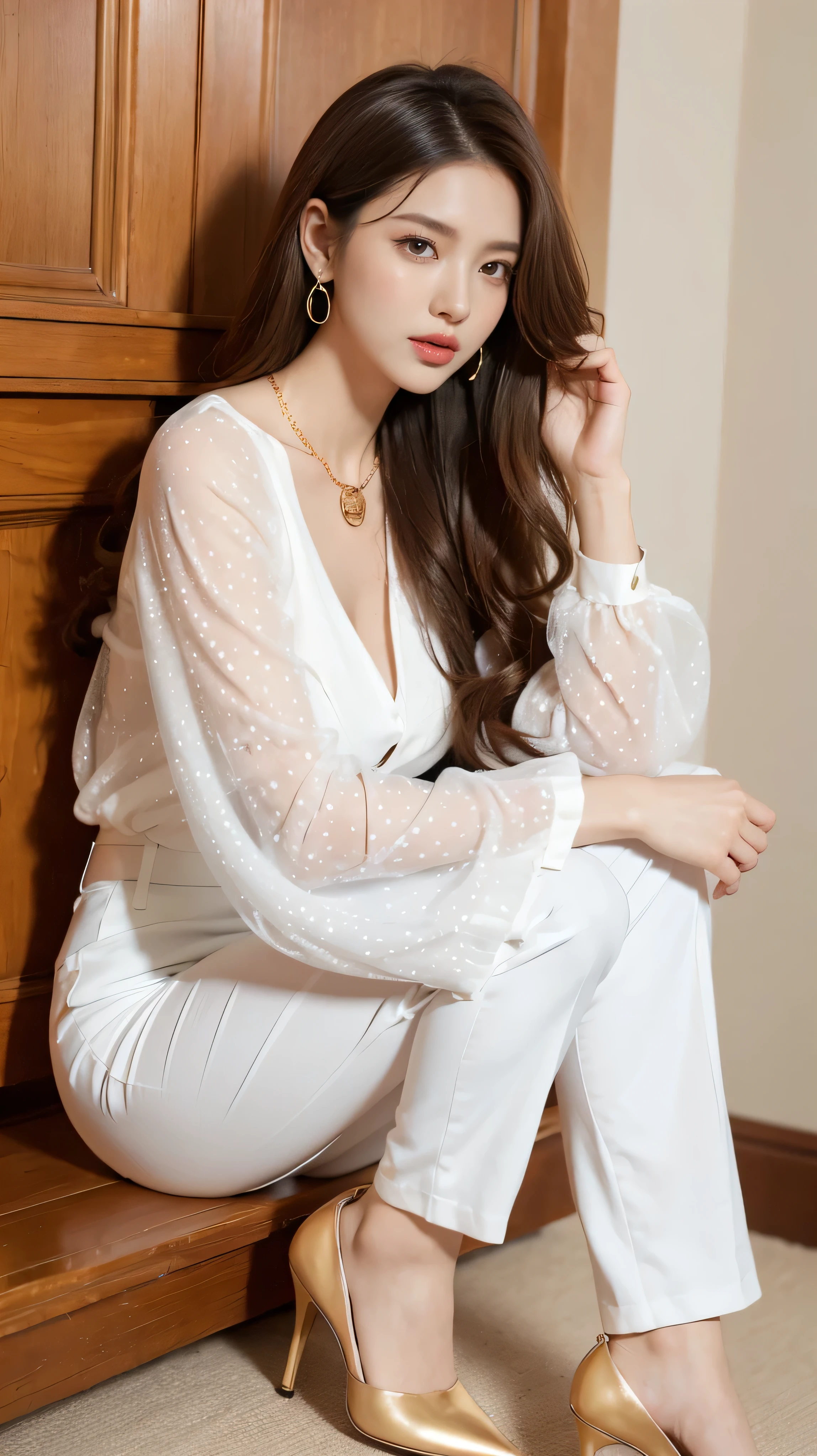 Highest quality,masterpiece,Ultra-high resolution,(Actual:1.4),Original photo,Ultra-high resolution,8k,There are women,Fair skin,Exquisite makeup,High heels,Long legs,Bright and beautiful woman、gold necklace_Large earrings、Super long brown hair,Hair with loose waves inside,reaching down to the waist,wearing frilled white shirt_long see-through sleeves with big ribbon tie ,white pants,red heels