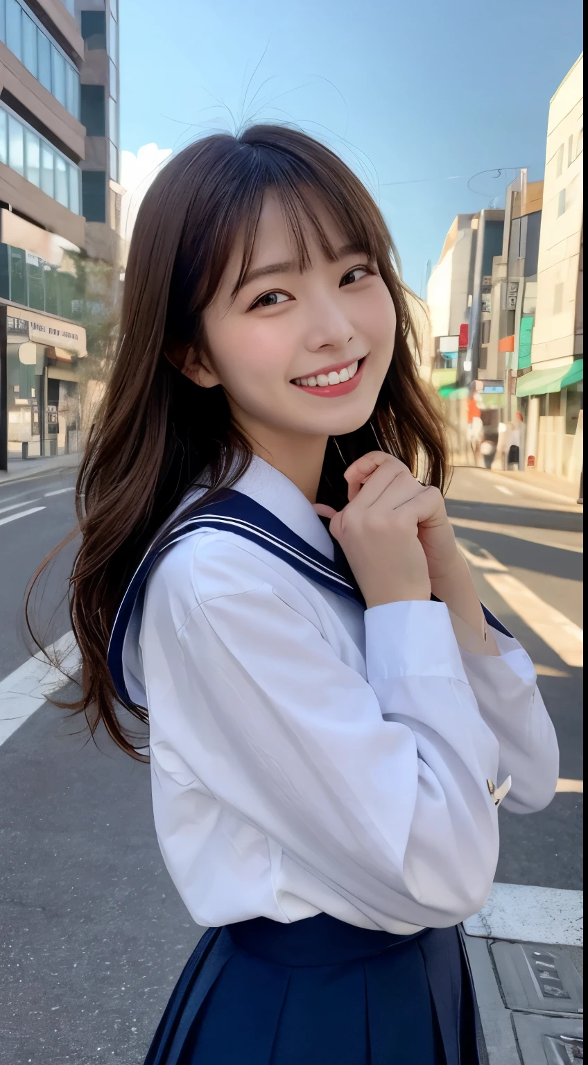 Clean-cut features、Japanese、２０age、Highest quality、A beautiful woman、Long Hair、Brown Hair、Wearing a sailor uniform、Shy laugh、Nikko lighting、The background is the cityscape