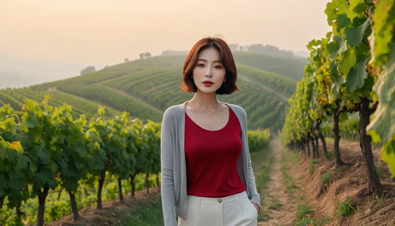 Italy foggy countryside dawn, Endless vineyards, A cathedral can be seen far away in the fog.. Korean woman in her 40s, Wearing a luxury brand white long-sleeved T-shirt, casual pants, Korean woman with beautiful short medium bob hair, Standing on a path on top of a vineyard hill, Beautiful Korean woman with bright and clear skin, The neckline is clean and beautiful.. Korean woman with a graceful and humble expression, standing in the vineyard , Cowboy Shot Pose, small black string necklace, 1 woman