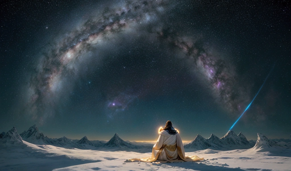 Imagine Jesus as Michael of Nebadon, a majestic Creator Son, floating in cosmic space, radiating an aura of divine light and serenity, in the background, a vast universe with twinkling stars and spiraling galaxies, several inhabited planets float around Jesus, each one with unique characteristics and distinct civilizations, Jesus wears a resplendent robe in shades of white and gold, symbolizing purity and majesty, his face expresses wisdom, compassion and benevolent authority, the aura of light around him is soft but intense, with tones of blue and violet representing their divine power, one planet with vast oceans and lush forests, inhabited by beings with blue skin and transparent wings, another planet is an arid desert with futuristic cities made of crystal and shiny metal, where human-like creatures with glowing eyes and luminous hair, a third planet is icy, covered by ice fields and snowy mountains, inhabited by ethereal beings that resemble spirits of light, the cosmic background has spiral galaxies with a vibrant color palette like pink, orange and blue, stars of various intensities dot the dark background of the cosmos, the scene conveys a feeling of peace, harmony and grandeur, reflecting the wisdom and love of the Creator Son
