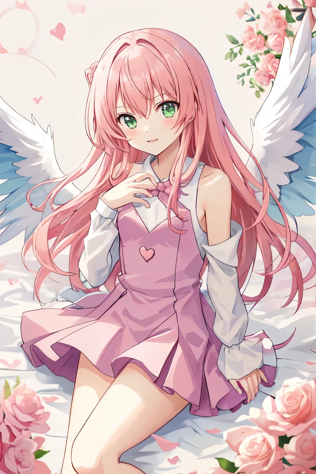 1_girl, (anime, kawai:2), (masterpeice, best_quality, clean:1.5), (sky_background:1.2), (cute, cute_smile, wholesome, young:1.8), (delicate, extremely_delicate, beautiful, thin:1.5), (girlfriend, angel:1.8), (green_eyes, simple_eyes:1.8) (long_hair, blond_hair, wearing_pink_dress, pink_angel_wings:1.5), extremely_delicate, (love_magic:1.5), (age_size_fits_body), (small_thighs:1.3), (breasts), (eye_level:1.3), (heart_magic, love:1.5), (folded_legs:1.5), (combat:1.2)