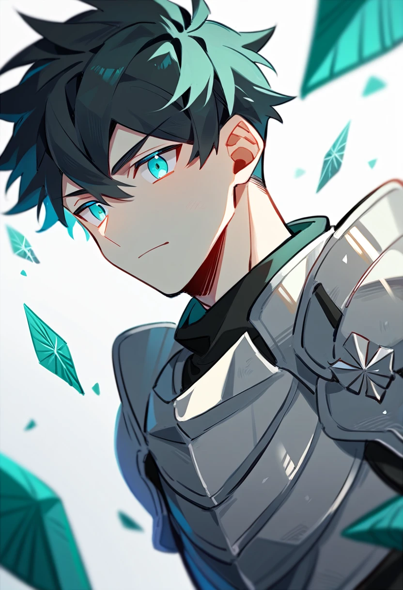 2 young men, focus man , pair, (human, black hair, Mint colored eyes, Wearing a silver knight&#39;s robe ) ,  ( human, dark brown hair, blue eyes, Wearing a silver knight outfit) , Middle Ages, Fantasy, The best aesthetics , best quality, Amazing quality, The best aesthetics
