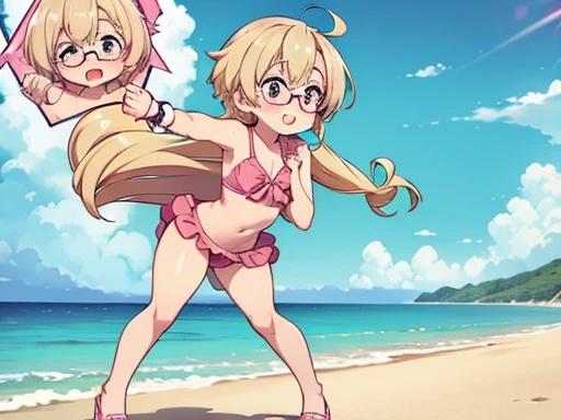 1chica , big , tiny pink slingshot swimsuit , Glasses, sun and sea beach, full body portrait, highres 12k