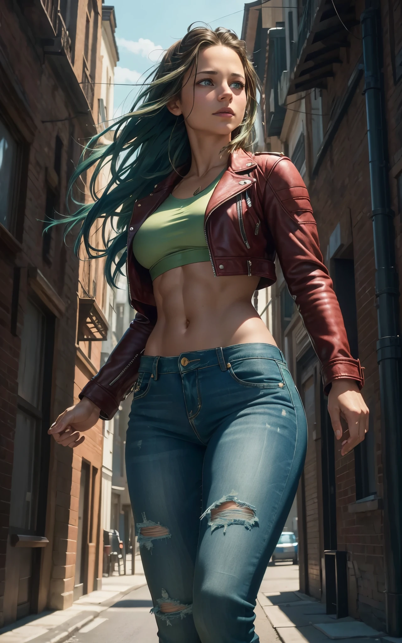 (Alicia Vikander:Evangeline Lilly), green light, glowing eyes, pov below, wind,, masterpiece, best quality, 1girl, cool, serious, medium breasts, long hair, blue hair, red leather jacket, crop top, tight jeans, green eyes, abs