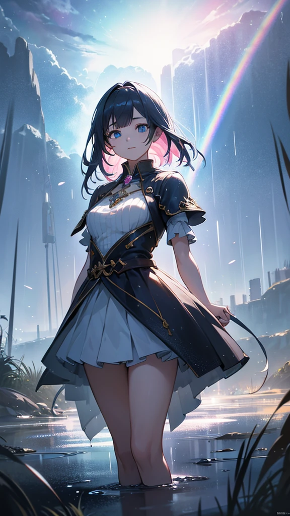 An ultra-high-definition, photorealistic anime-style illustration of a beautiful young high school girl. She has detailed eyes with sharp pupils, standing in a stunning landscape under a rainbow-colored rain. The scene is filled with a fantastical atmosphere, with a puddle reflecting the vibrant, colorful particles of light around her. The image should be a full-body shot, capturing the girl's delicate features and expressive eyes. The background should feature a beautiful, dreamy landscape with a mix of HDR and UHD elements, using studio lighting to enhance the realism and sharp focus. The colors should be vivid, with a soft bokeh effect to add depth. The scene should convey a magical and cinematic quality, emphasizing extreme detail and professional-grade rendering. Ensure the image is of the highest quality, with 4k to 8k resolution, capturing every intricate detail in a masterpiece that blends fantasy and realism.