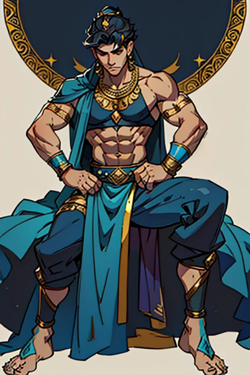 1boy, dark skin, short curly hair, shaved side, coat, brown eye, blue background,
curly hair, dark skin, round glasses, men's Egyptian clothing, golden ear piercings, golden necklace, jojo bizarre adventure