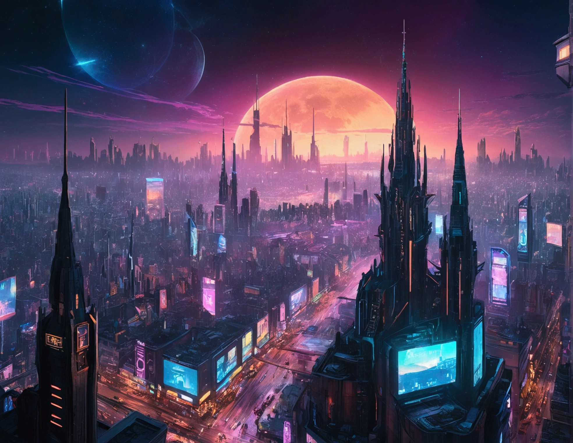 A sprawling cyberpunk cityscape, with towering spires and holographic billboards illuminating the night sky.